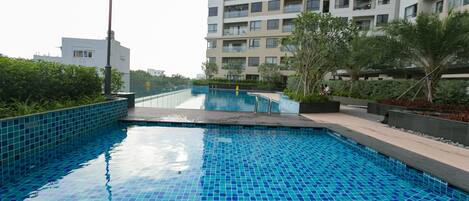 Outdoor pool, pool umbrellas, pool loungers