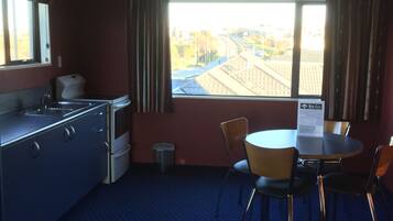 Habitación de hotel con kitchenette, una mesa de comedor con sillas, una ventana con cortinas y vista a una vía de tren.