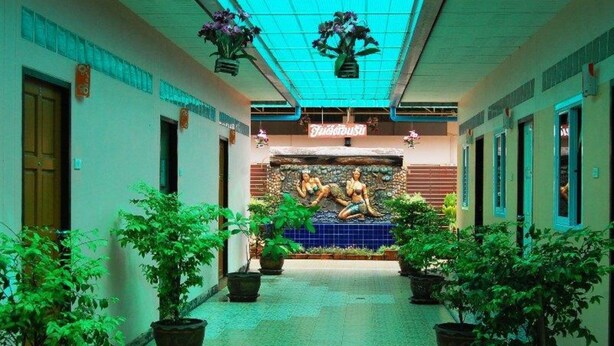 A hallway with potted plants on either side, a tiled floor, and a mural on the wall. - All Day Hotel (Nong Khai)