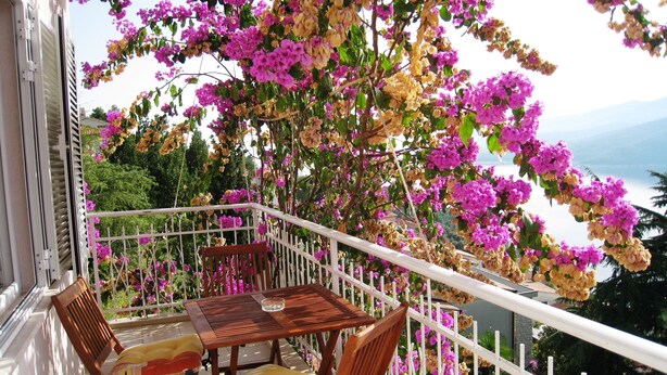 Ein Balkon mit einem Holztisch und zwei Stühlen, umgeben von leuchtend rosa und gelben Blumen.