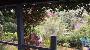 A garden view with a wooden fence, various plants, and a distant house. - rent large calm F1 at the door of the center town of Ajaccio (Sarrola-Carcopino)