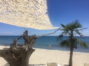 Escena de playa con un toldo grande y elaborado, y una palmera.