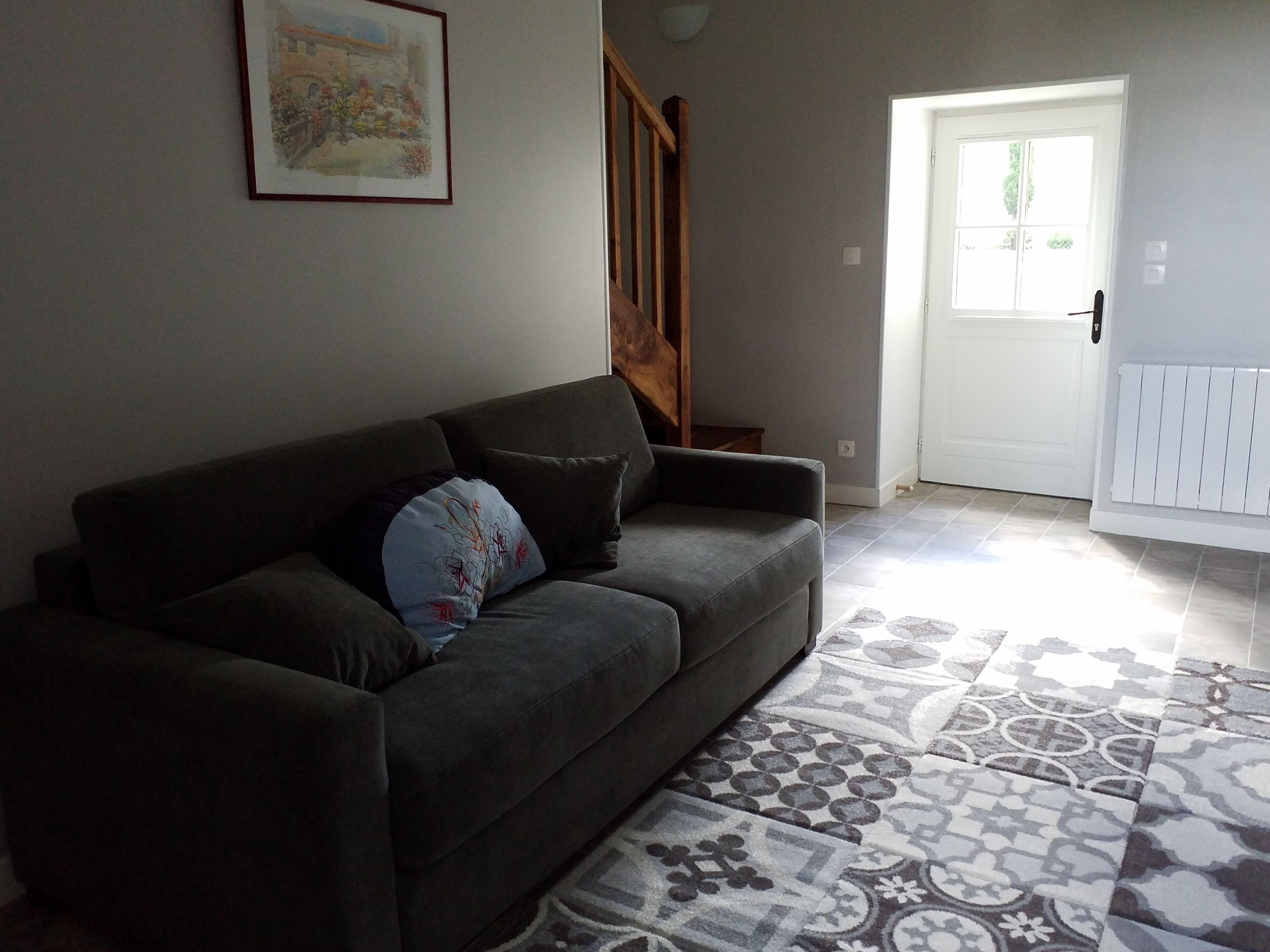 A living room with a grey sofa, patterned rug, and a door leading outside.