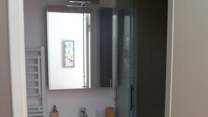 A bathroom with a white sink, a mirror above it, and a glass shower door. - STUDIO IN A SEA FACING RESIDENCE WITH GARDEN VIEW (Boulogne-sur-Mer)