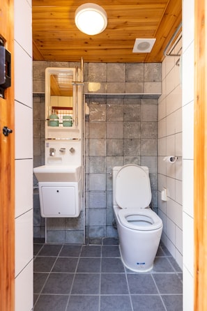 A compact bathroom with a white sink, a toilet, and a mirror. - Open Real Luxury Korean Hanok (Seoul)