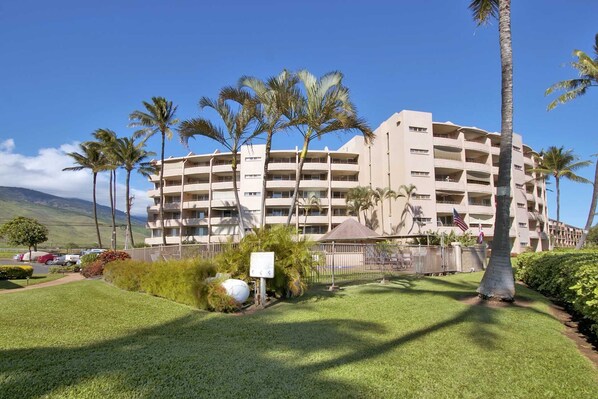 A multi-story hotel with a flat roof, surrounded by palm trees and a well-maintained lawn.