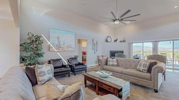 Smart TV, fireplace, DVD player, music library