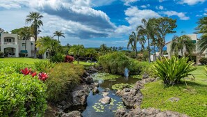 Un resort tropical con un arroyo pequeño, exuberante vegetación y vista al océano.