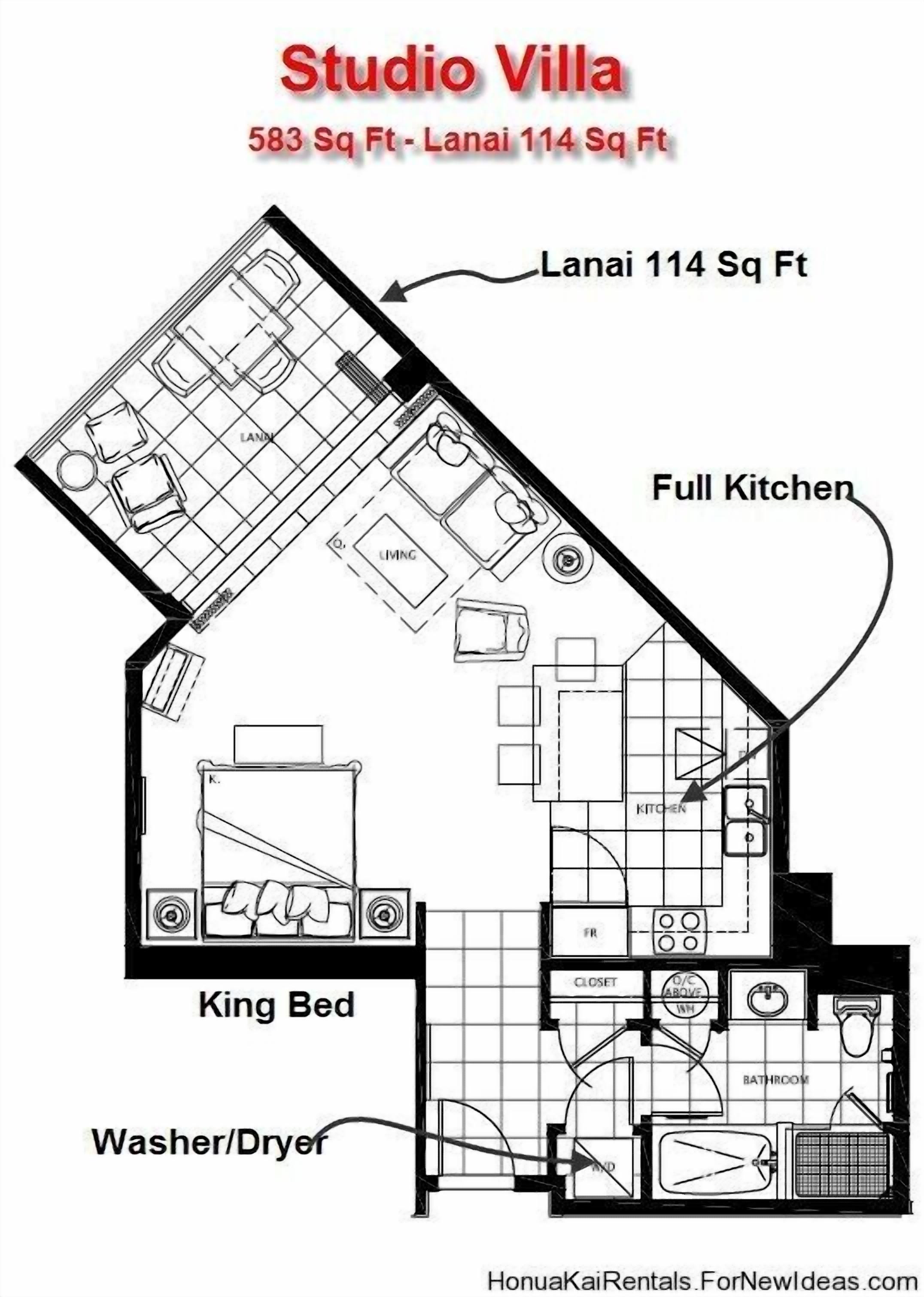 Plano de planta de Studio Villa, que incluye cocina completa, cama king size y lavadora/secadora.