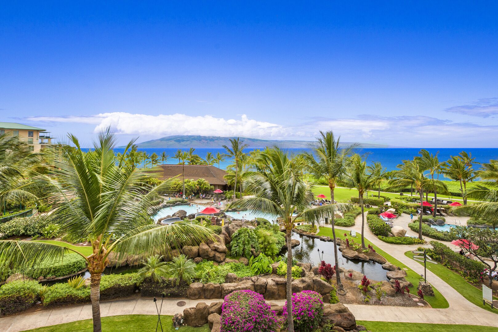 Ein Resort mit Poolbereich, Palmen und Blick aufs Meer.
