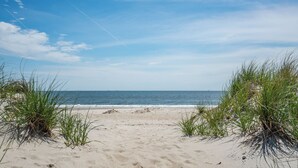 A sandy beach with grass in the foreground and a clear blue sky. - Fish Tales: Charming Oceanfront Condo with Wrap-around Deck, Central Location Id (Oak Island)