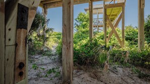Une structure en bois, posée sur un sol sablonneux, et entourée d’une végétation luxuriante.