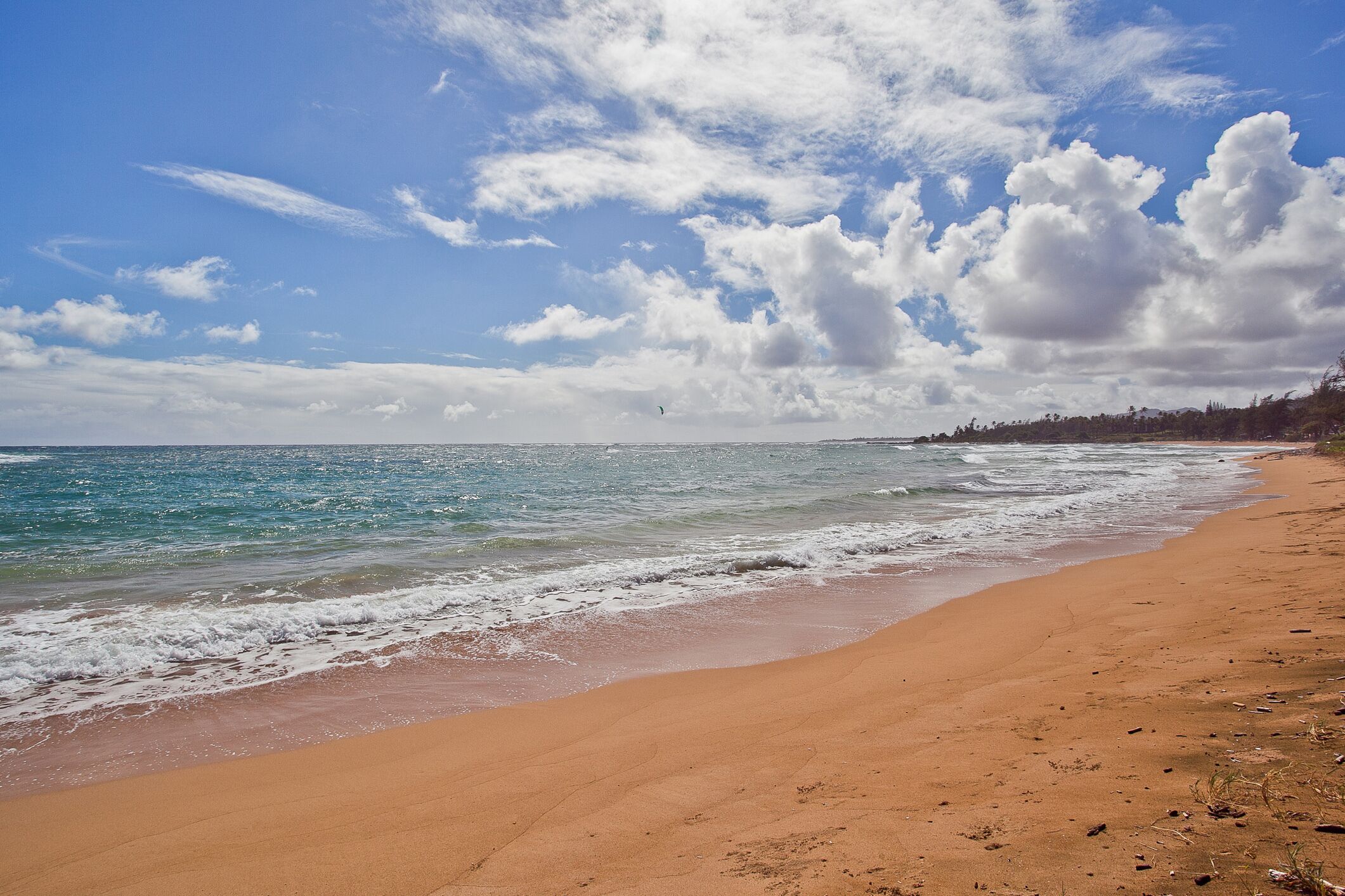 A beach with a clear sky and waves.
