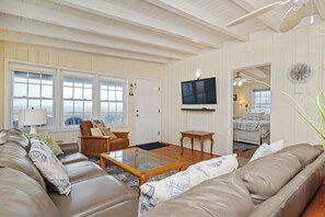 TV, books, stereo - Smart Pelican: Dog-Friendly Oceanfront Cottage with Modern Kitchen (Oak Island)