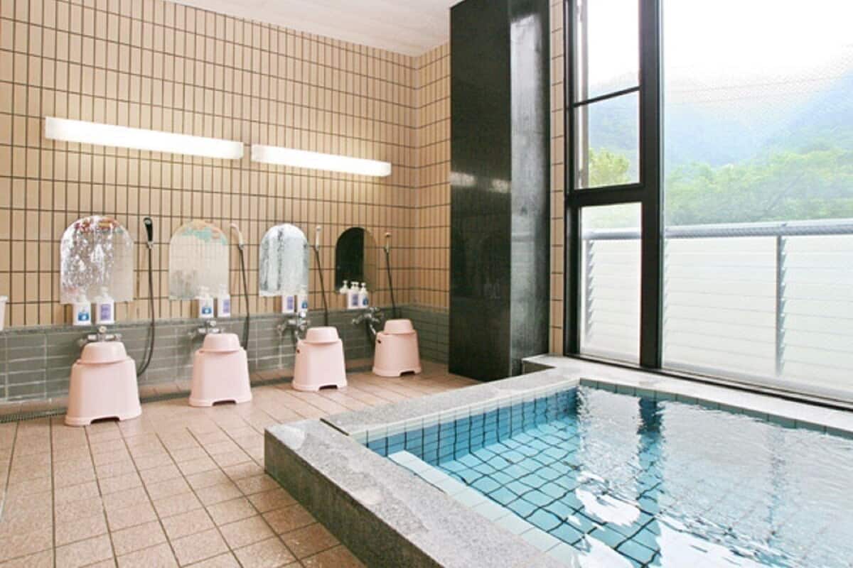 Un baño de hotel con piscina, paredes de azulejos y un ventanal grande.