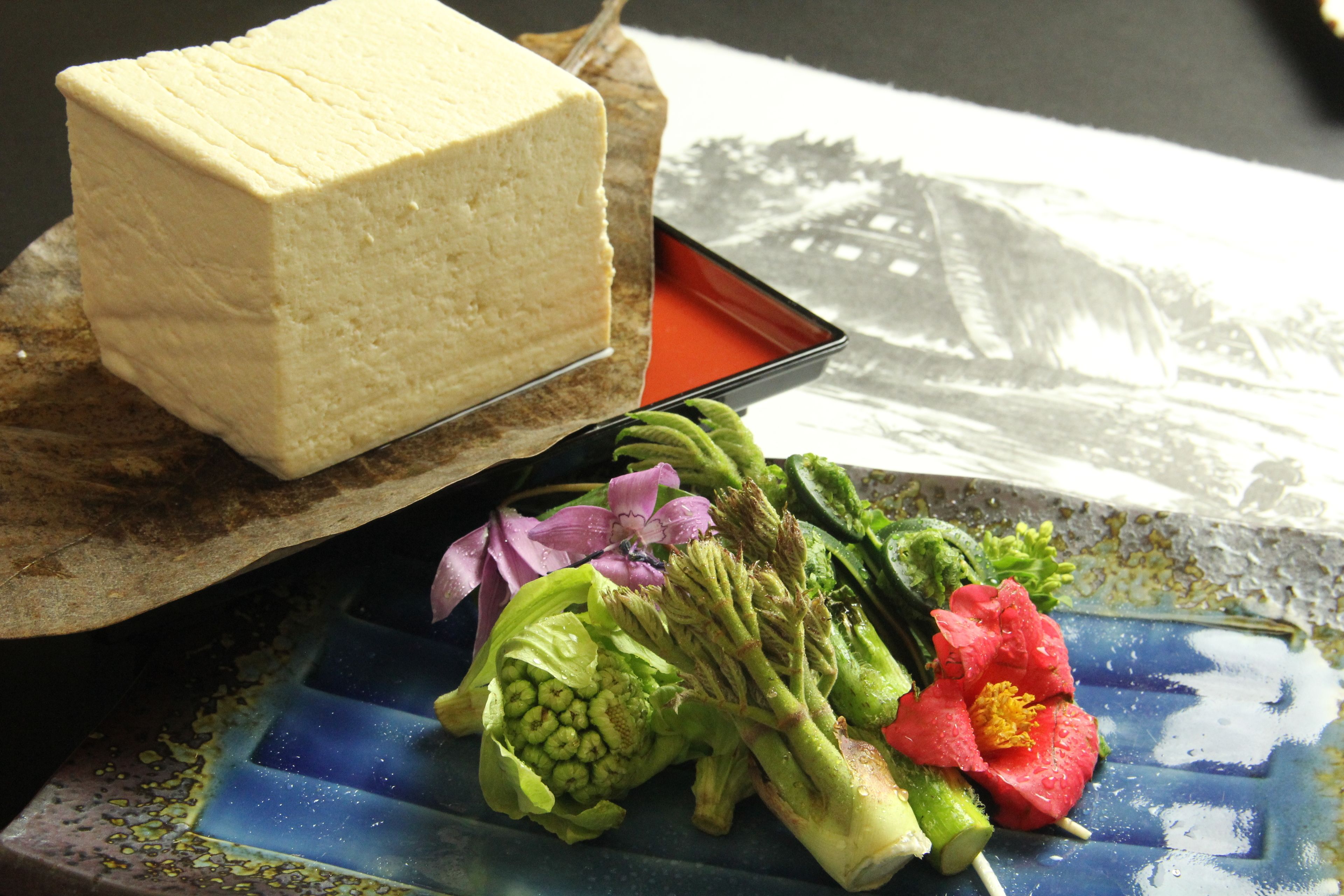 A plate with a piece of white cheese, green vegetables, and a red flower.