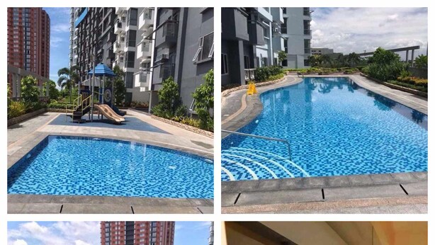 Ein Wohngebäude mit Schwimmbad, Basketballplatz und Fitnessraum.