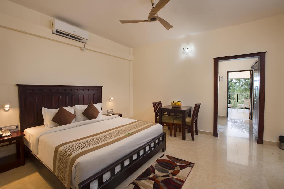 A hotel room with a large bed, a ceiling fan, a dining table with chairs, and a view of the outdoors through an open door.