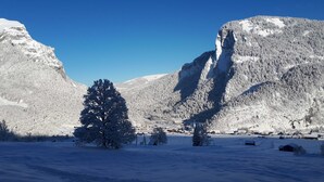A snow-covered landscape with a prominent tree in the foreground and a mountain range in the background.