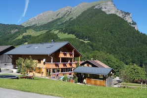 A chalet-style building with a sloped roof, a balcony with flower boxes, and a view of a mountainous landscape.
