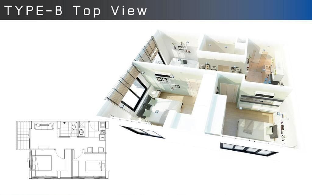 A TYPE-B Top View of a modern interior with a kitchen, dining area, and living spaces.