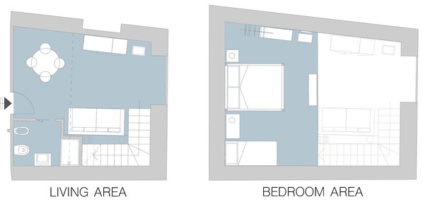 Een plattegrond van een woonruimte en slaapkamer met een zithoek, een groot bed en een badkamer.
