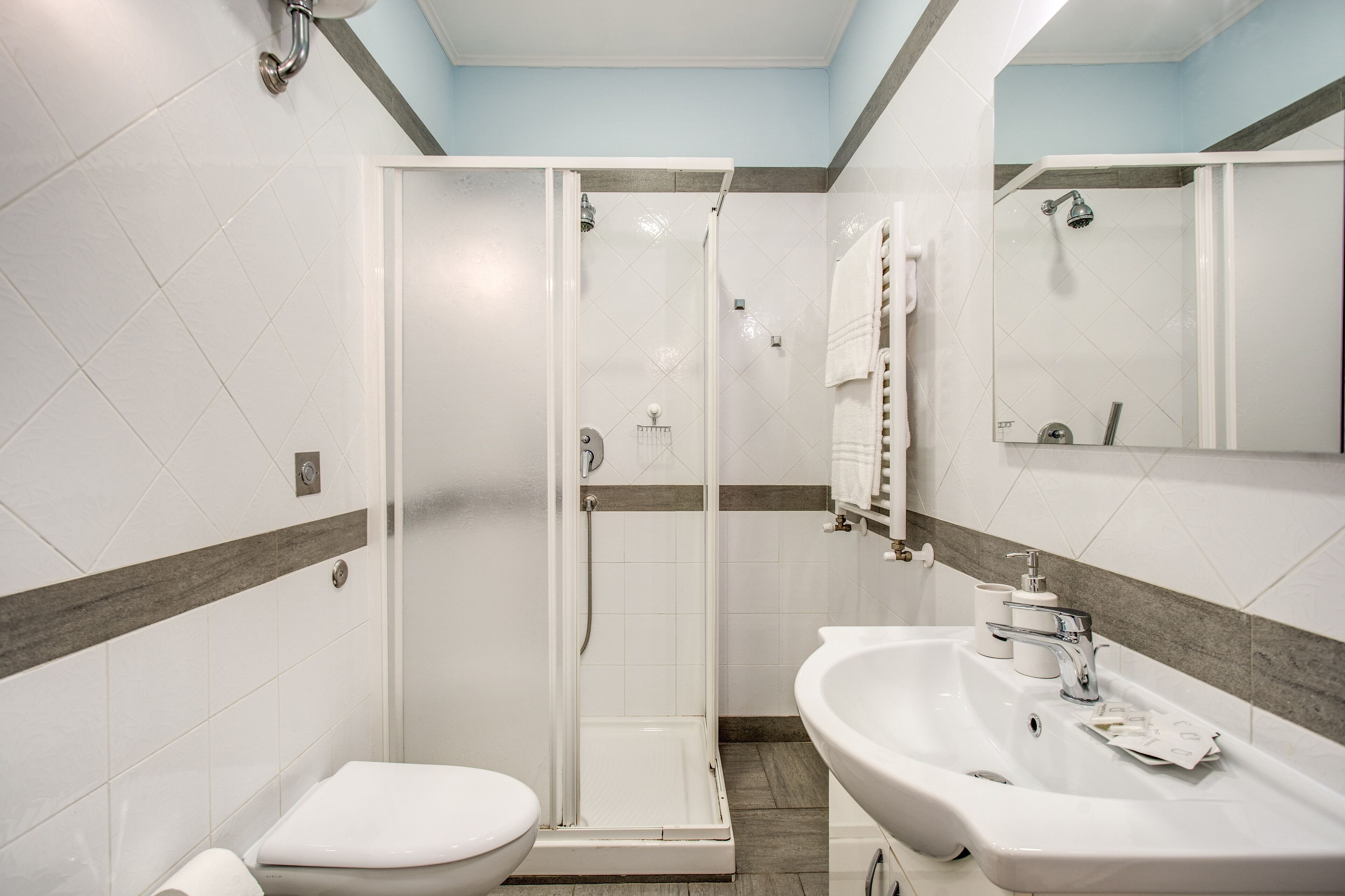 A modern bathroom with a glass-enclosed shower, a white sink, and a toilet.