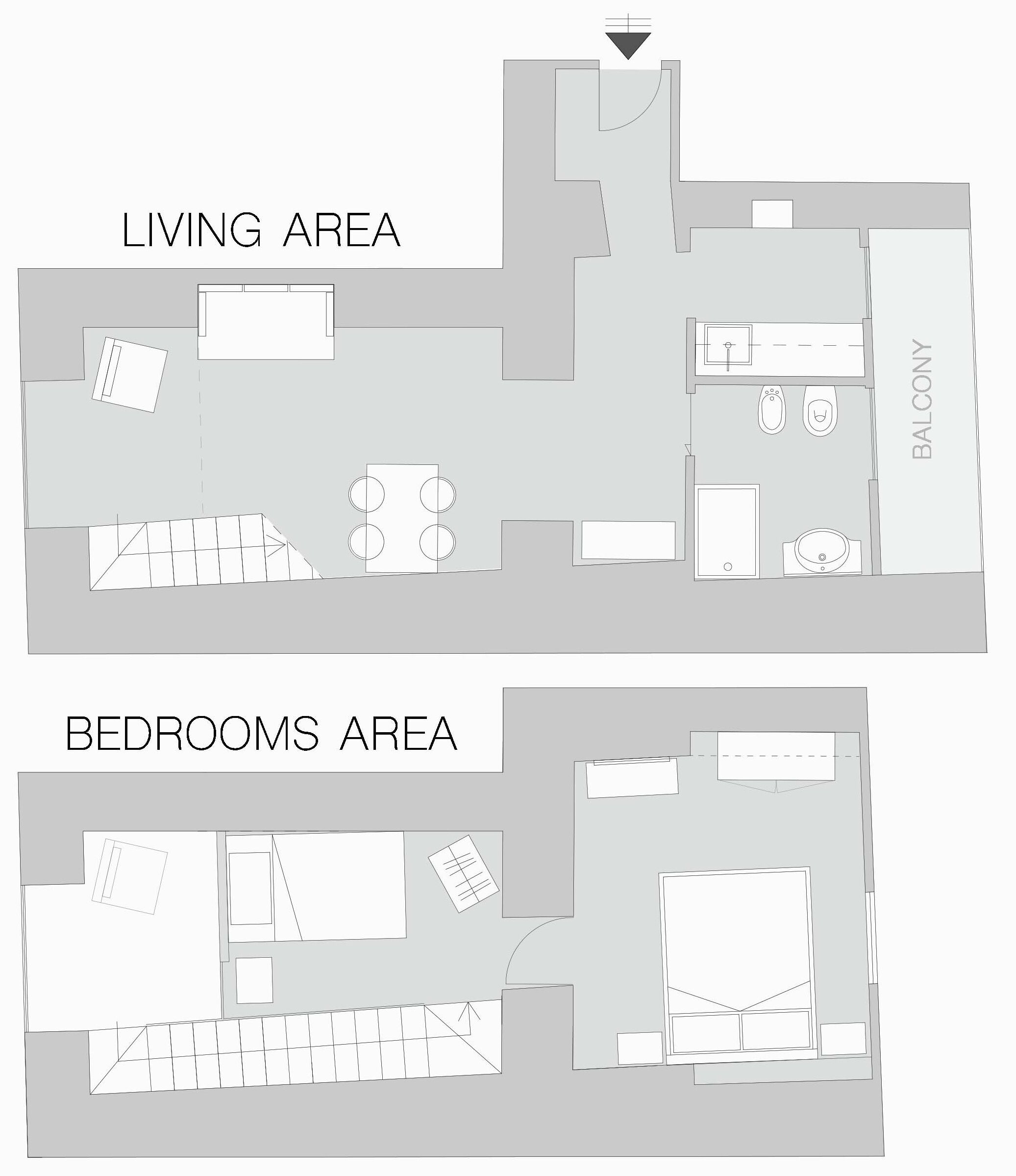 Plans d’étage d’un hôtel comprenant un espace de vie et des chambres.