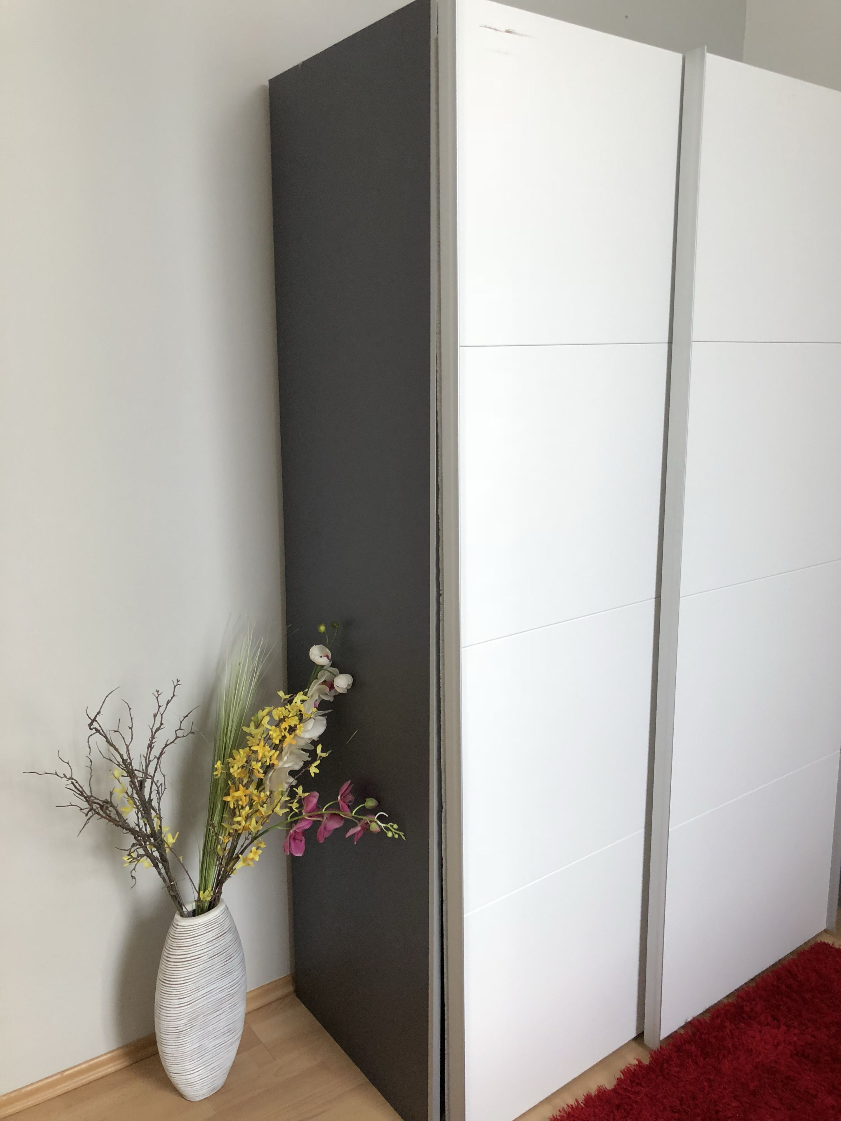 A room with a white door, a dark wall, and a white floor.