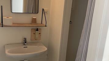 A bathroom with a sink, mirror, and shower.