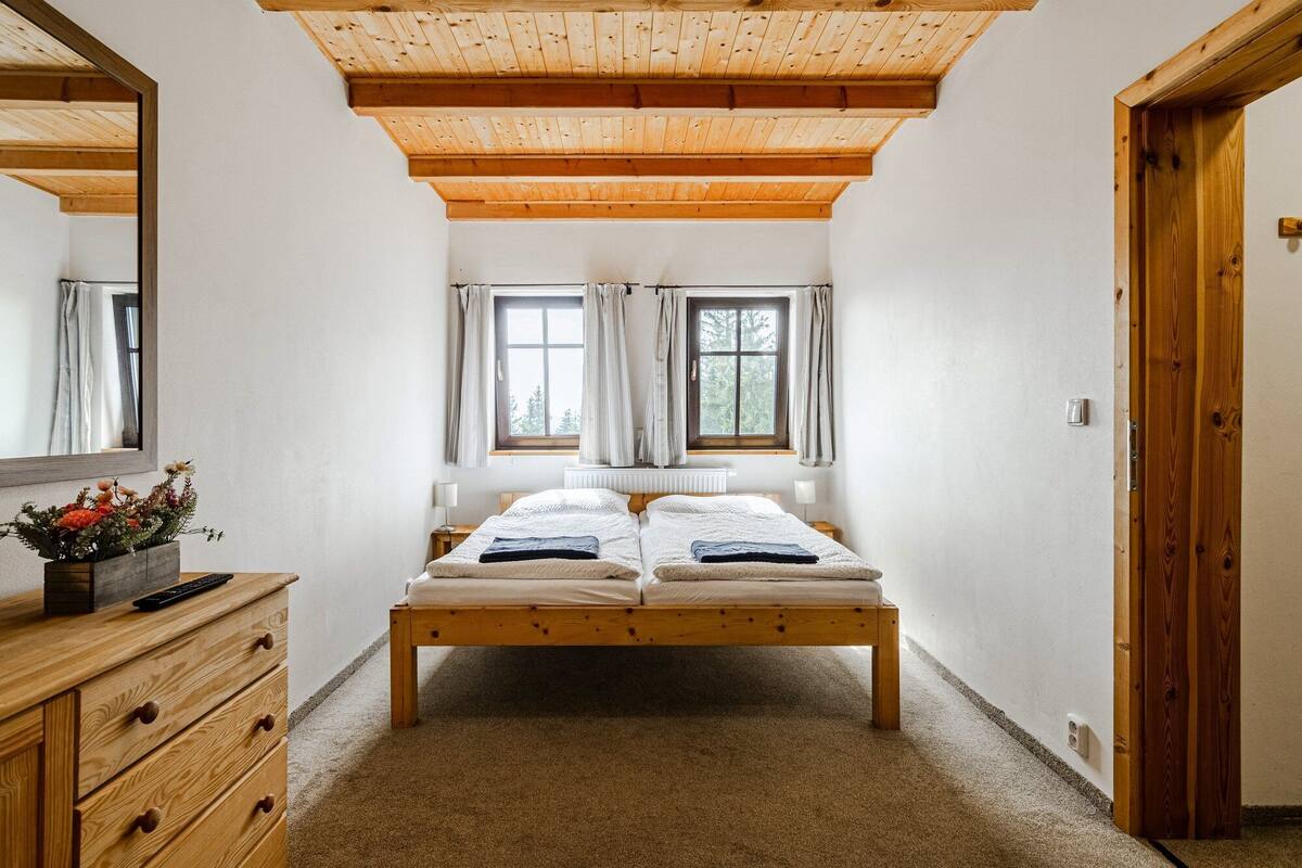 A bedroom with a wooden ceiling, two windows with curtains, a bed with two pillows, a wooden dresser, and a mirror.