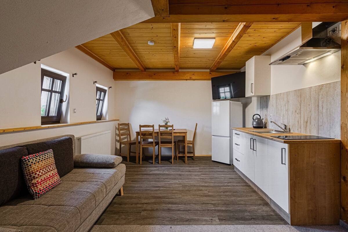 A compact living space with a kitchenette, a dining area, and a sofa with a patterned pillow.