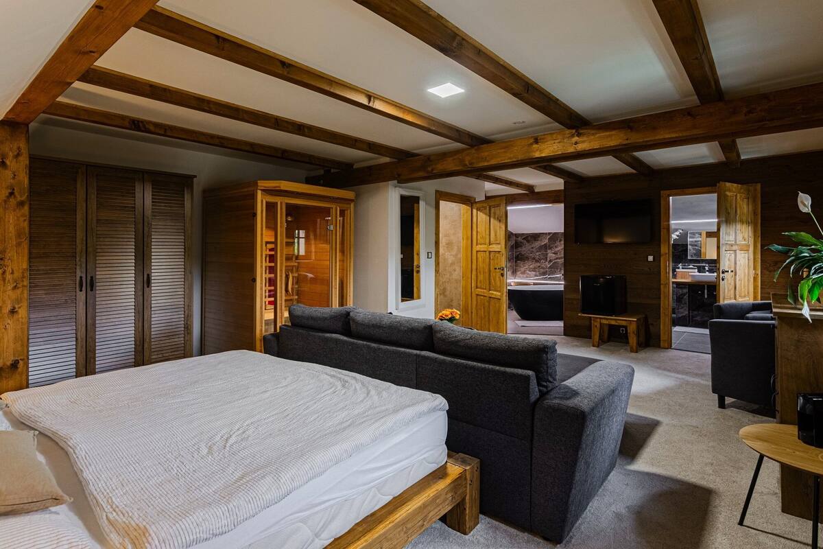 A bedroom with a bed, a sofa, a TV, and a bathroom visible through an open door.
