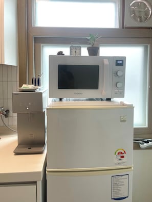 Fridge, microwave, cookware/dishes/utensils, freezer