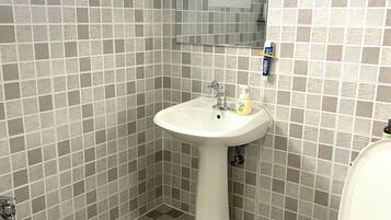 Un baño con un lavabo blanco, un espejo y un inodoro.
