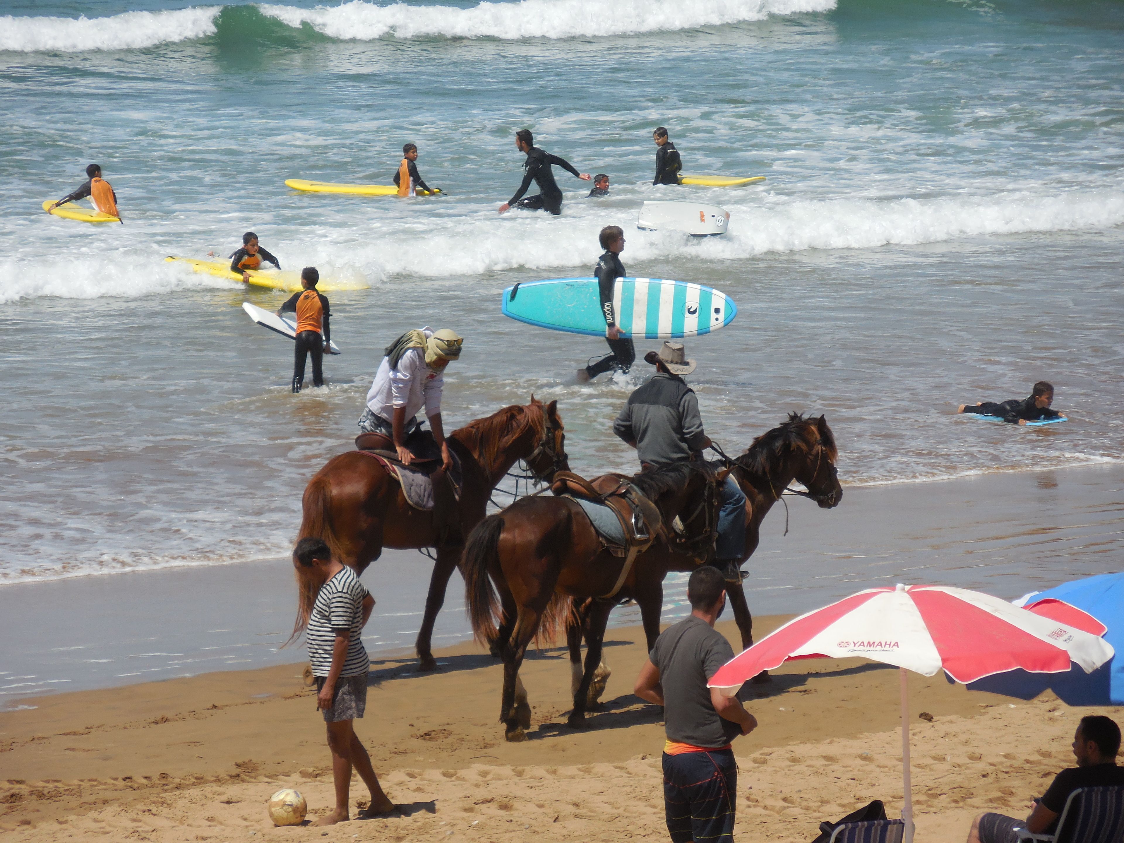 A beach scene with people on horses and surfboards.