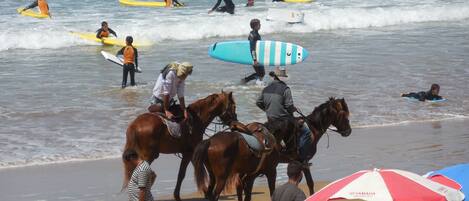 A beach scene with people on horses and surfboards.