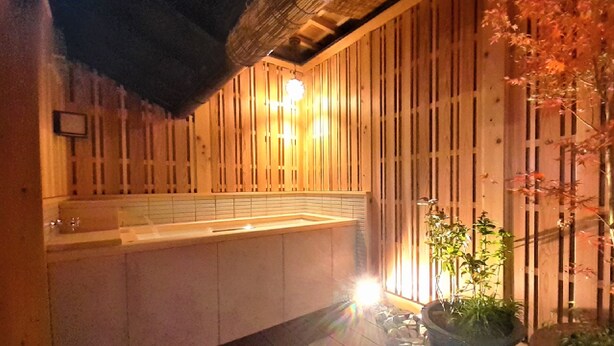 A spa area with a wooden wall, a sink, and a potted plant. - Kyoisuke (Kyoto)