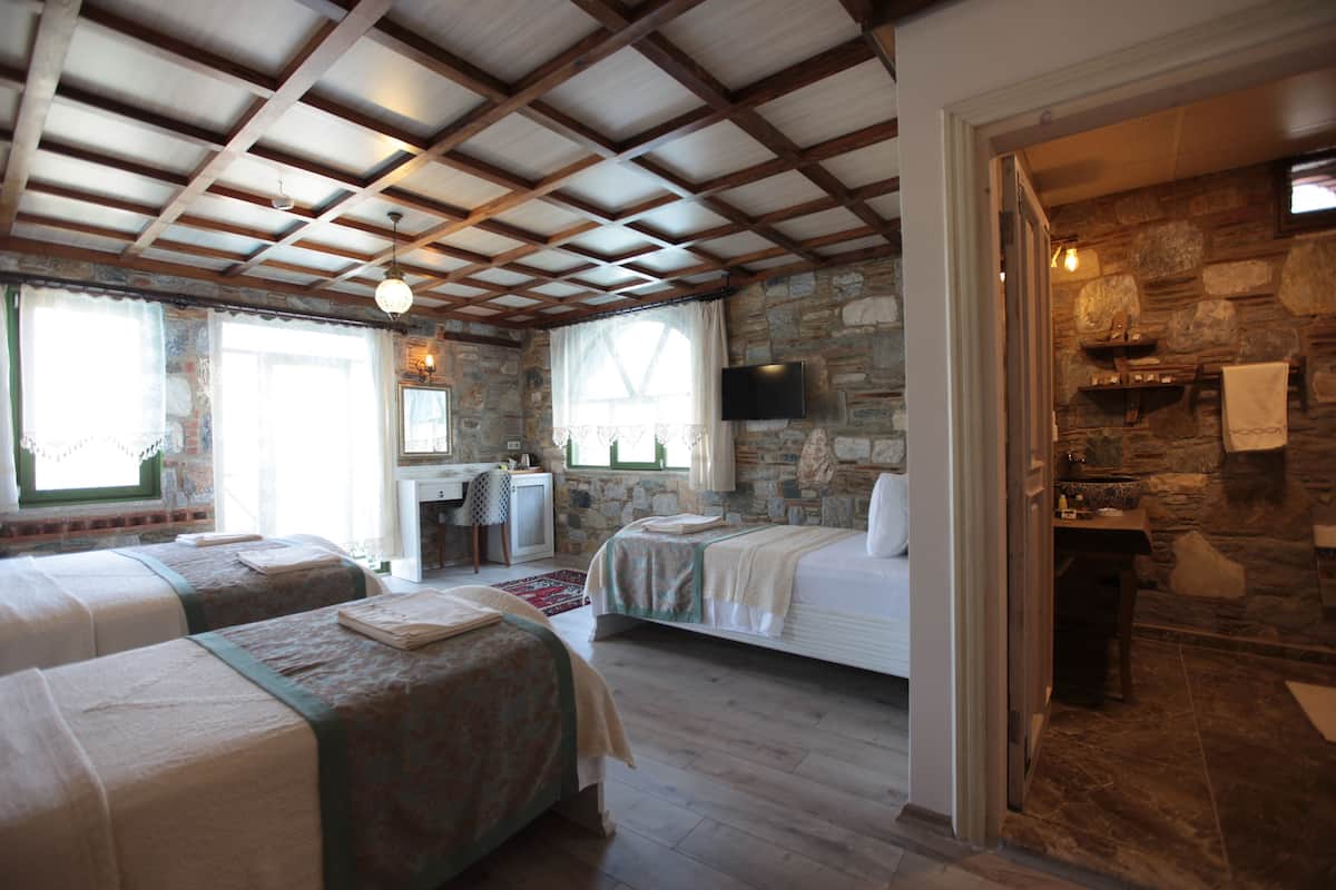 A room with two beds, a stone wall, a television, and a small desk.