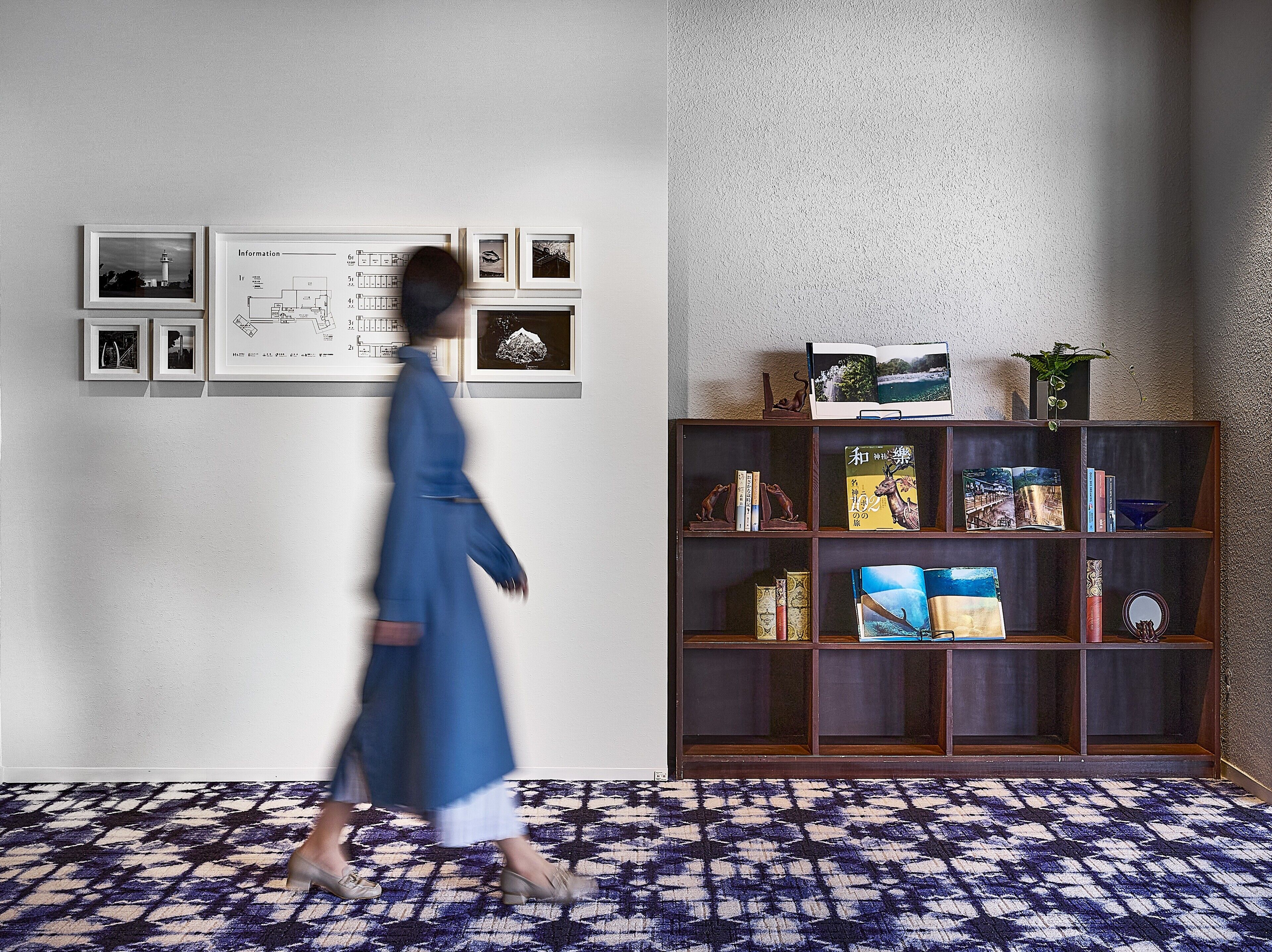 Une pièce avec un tapis à motifs, une bibliothèque remplie de livres et d’objets décoratifs, et des tableaux encadrés accrochés au mur.