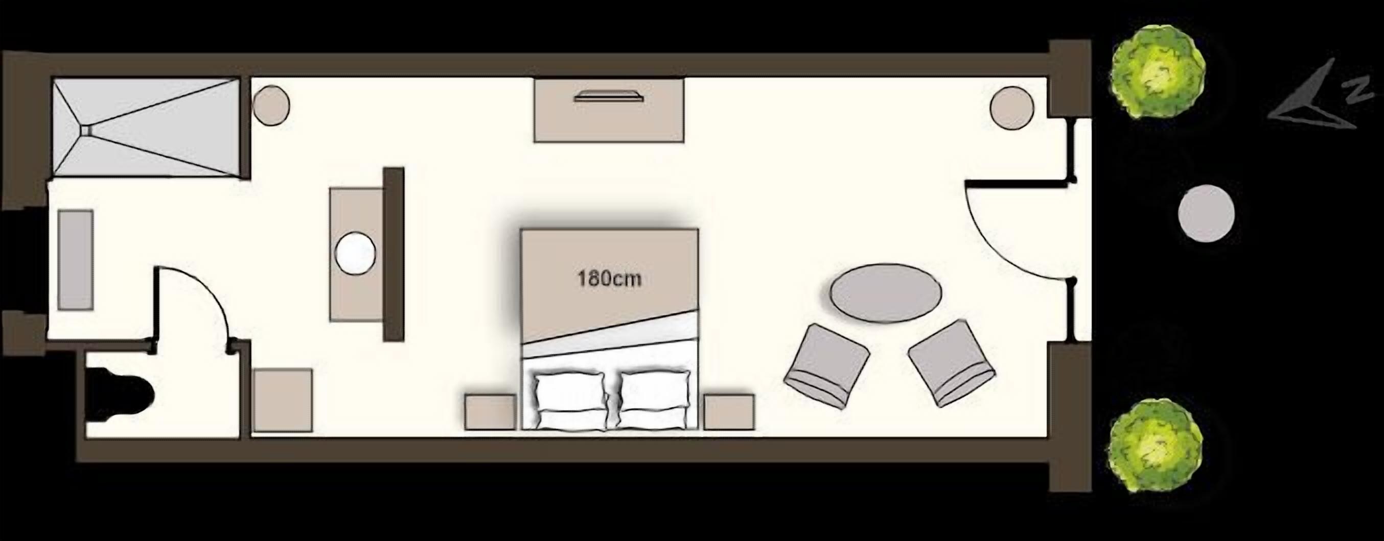 A hotel room layout with a bed, bedside tables, a desk, a chair, a wardrobe, and a window.
