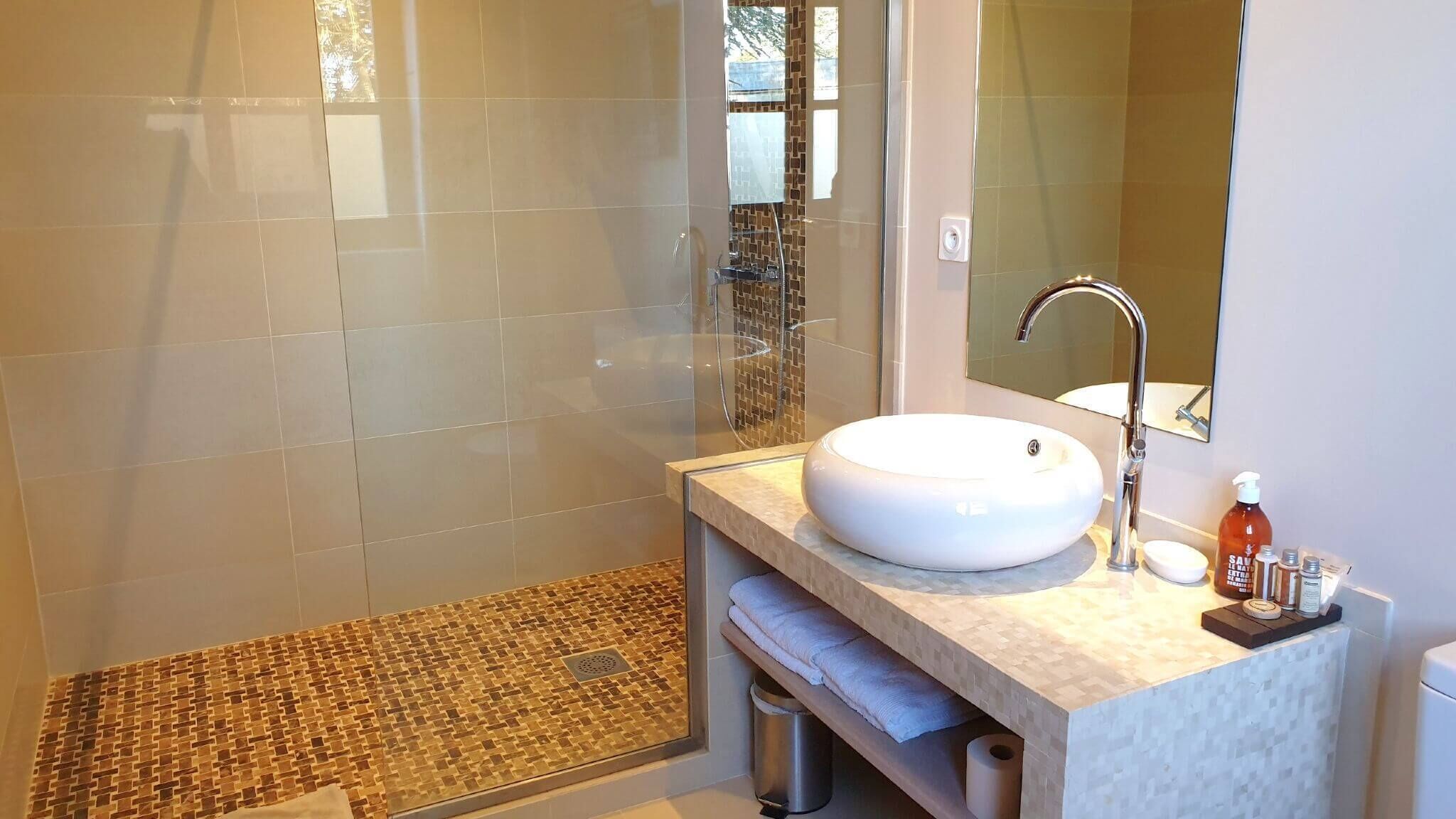 Une salle de bain moderne avec une douche à l’italienne en verre, un lavabo blanc et un miroir au-dessus.