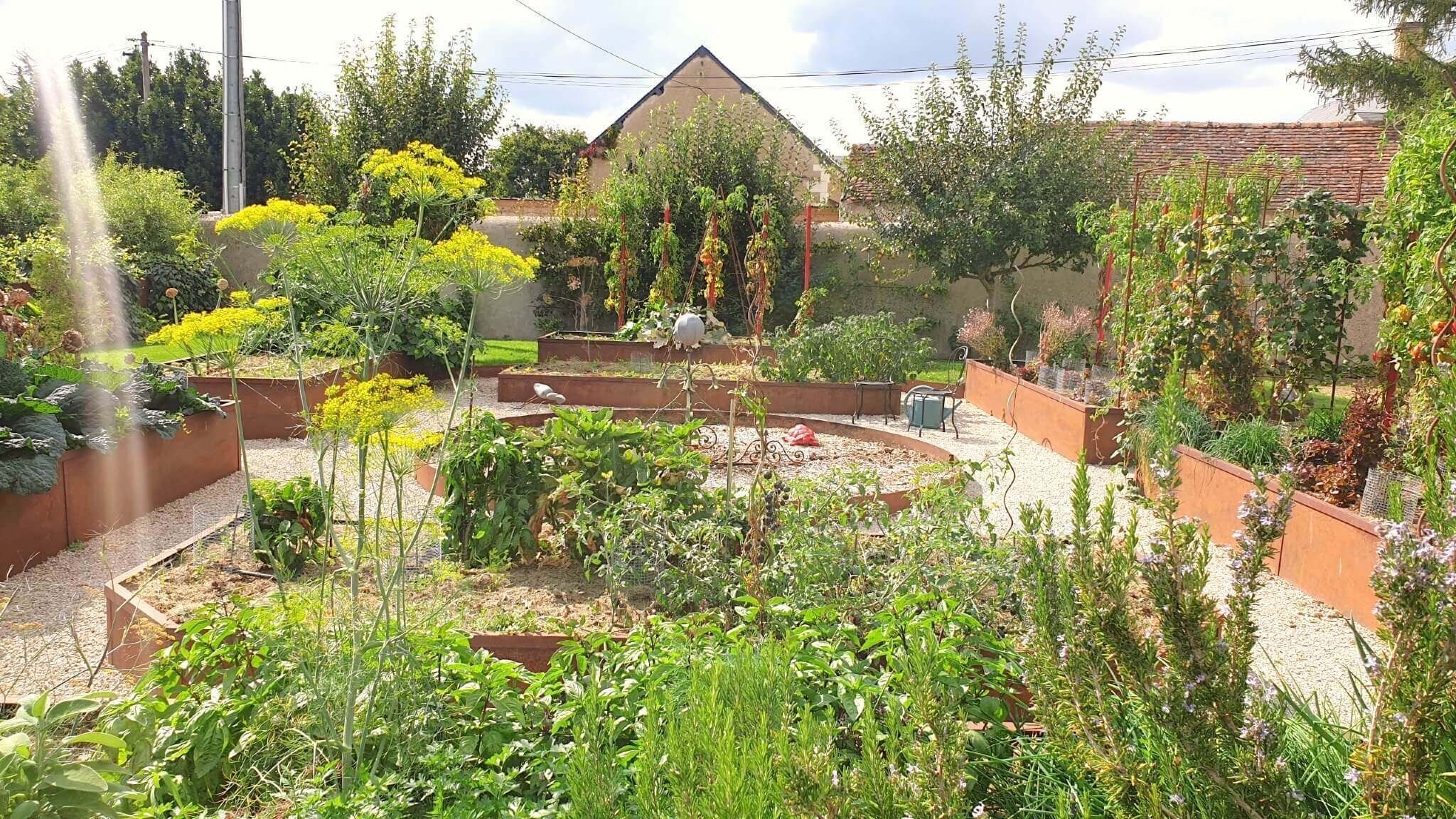 A garden with raised beds, a variety of plants, and a building in the background.
