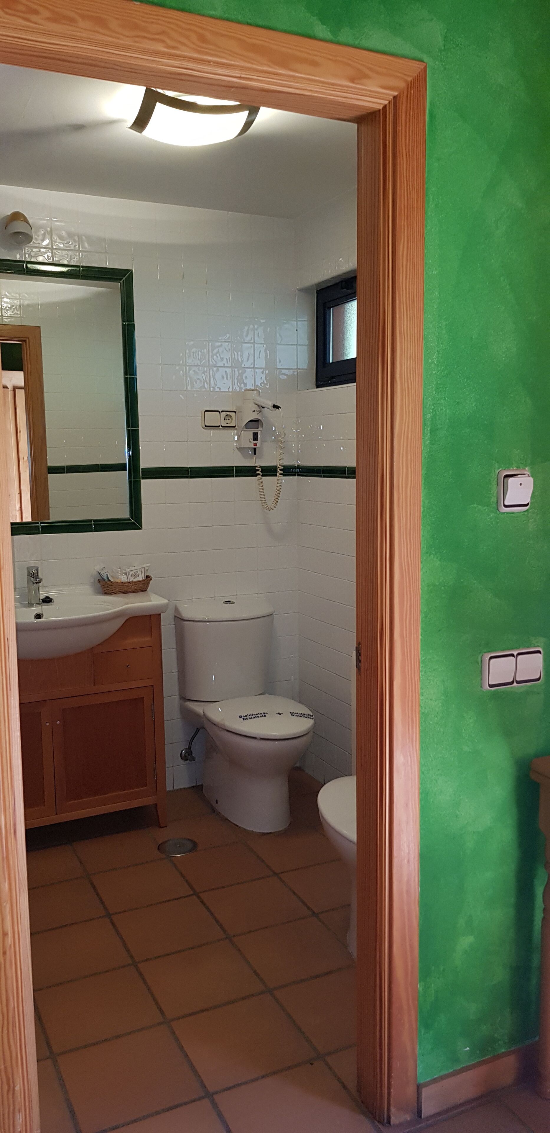 Ein Badezimmer mit weißem Waschbecken, Holzschrank, Toilette und einer grünen Wand.