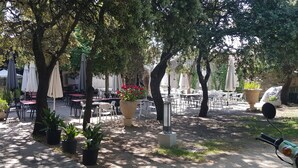 An outdoor patio area with tables and chairs, surrounded by trees and potted plants. - Hotel Sara De Ur (La Cabrera)