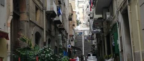 A narrow street flanked by multi-story buildings with balconies, some with plants. There are potted plants along the sidewalk and a few people walking.