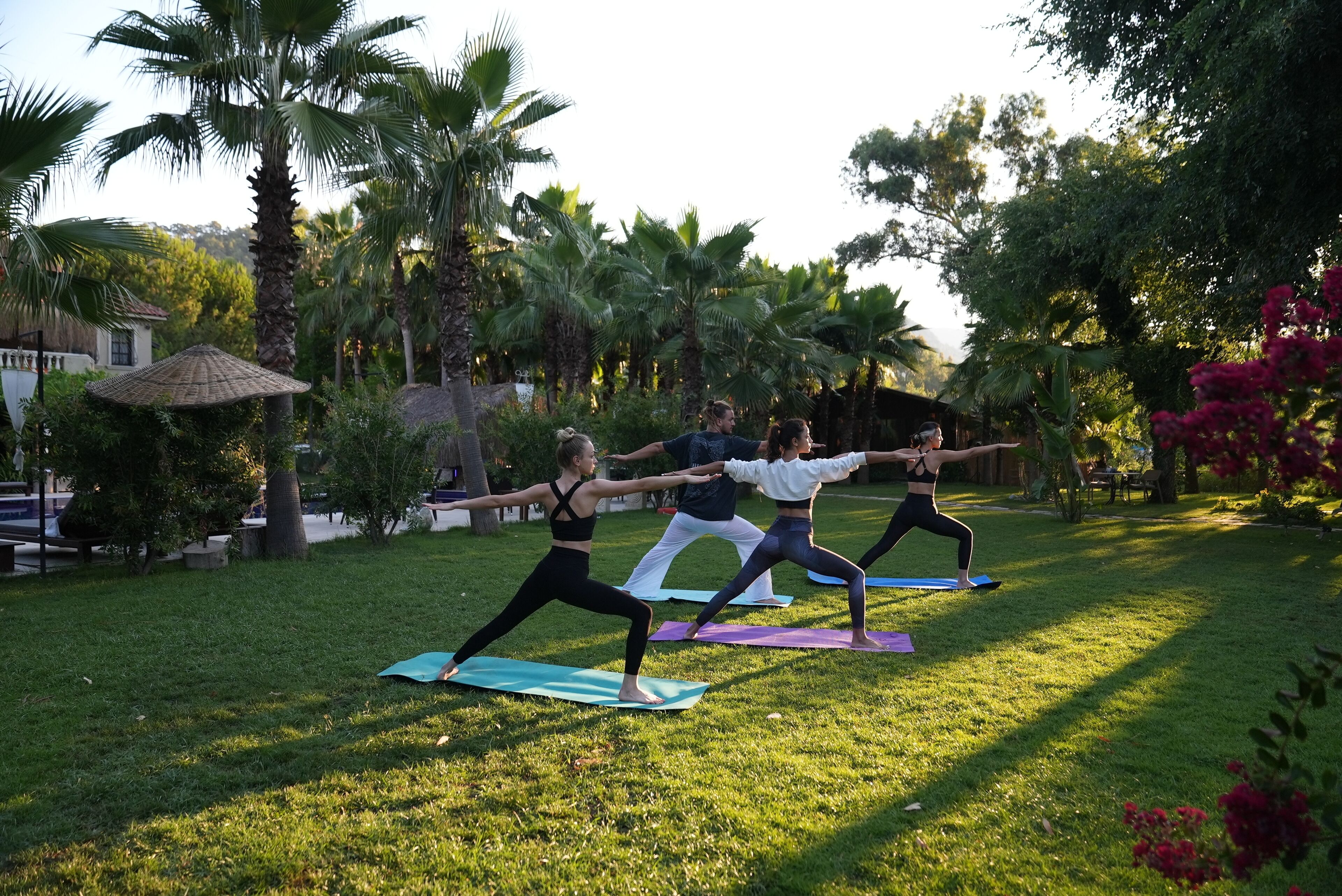 Un grupo de personas practicando yoga en un entorno exterior con césped, palmeras y una estructura de techo de paja.