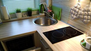 A compact kitchen with a built-in dishwasher, a black induction cooktop, and a stainless steel sink. - Strandnest Büsum (Büsum)