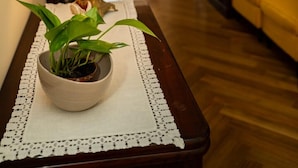 En gang med en træbænk, en potteplante og en lampe.