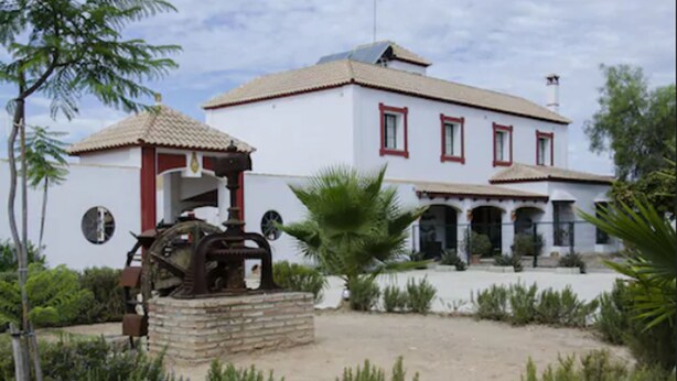 A white building with red trim, a water pump, and a palm tree in the foreground. - Hotel Rural Molino la Boticaria (Marchena)